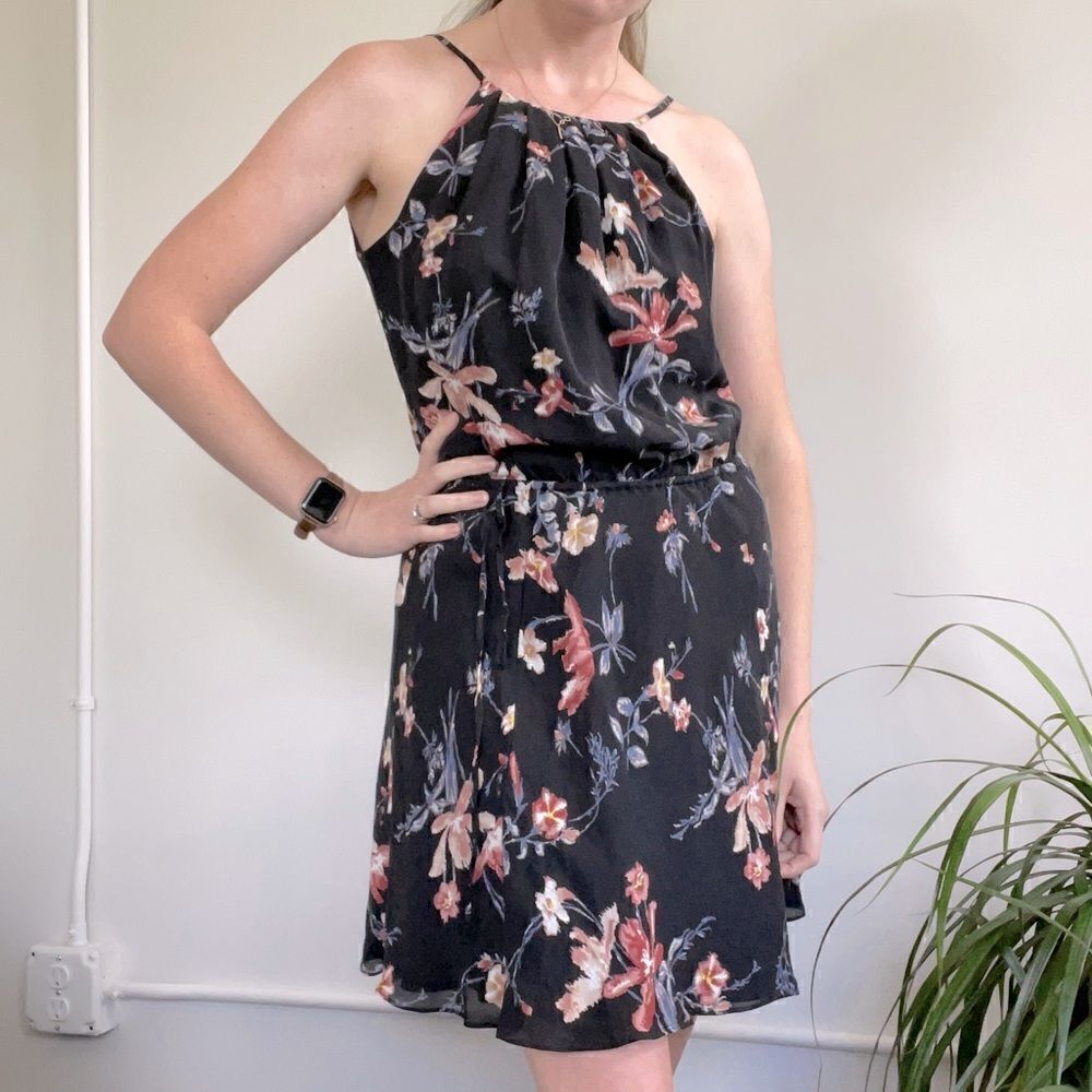 Joie Silk A-Line Makana Dress . Black with Floral Pattern XS